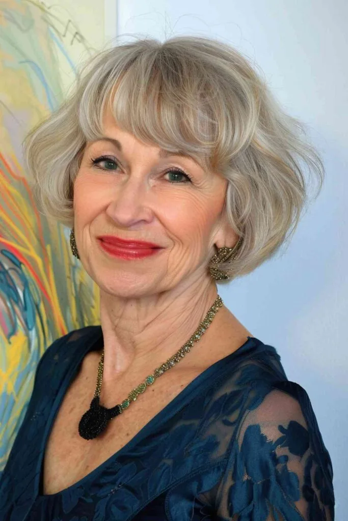 Stylish woman with an asymmetrical bob and distinctive bangs, showcasing a modern and artistic hairstyle.