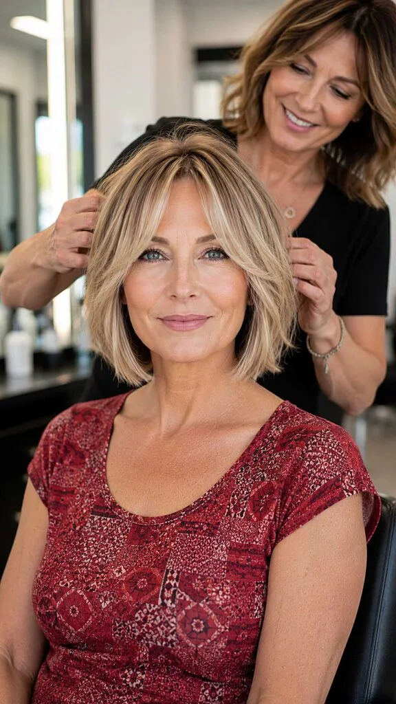 Stylist shaping blonde wavy bob with curtain bangs