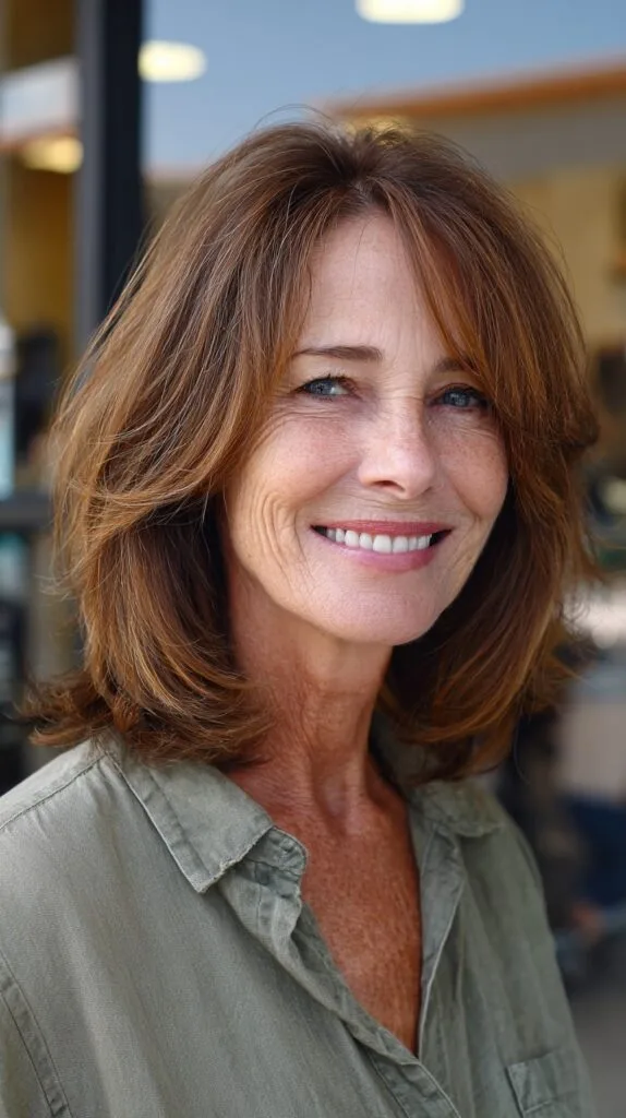 Sun-Kissed Caramel Lob with Subtle Curtain Bangs