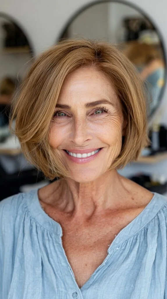 Sunlit Bronde Chin-Length Bob with Side-Swept Layers