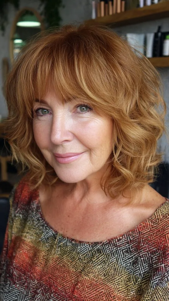 Sunset Copper Tousled Lob with Wispy Fringe