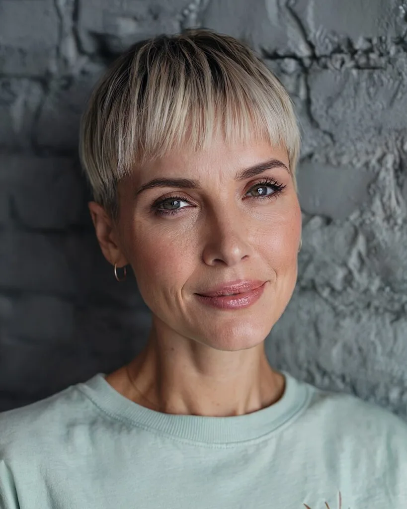 Super short hair with straight blunt bangs for women over 40 with platinum blonde pixie cuts