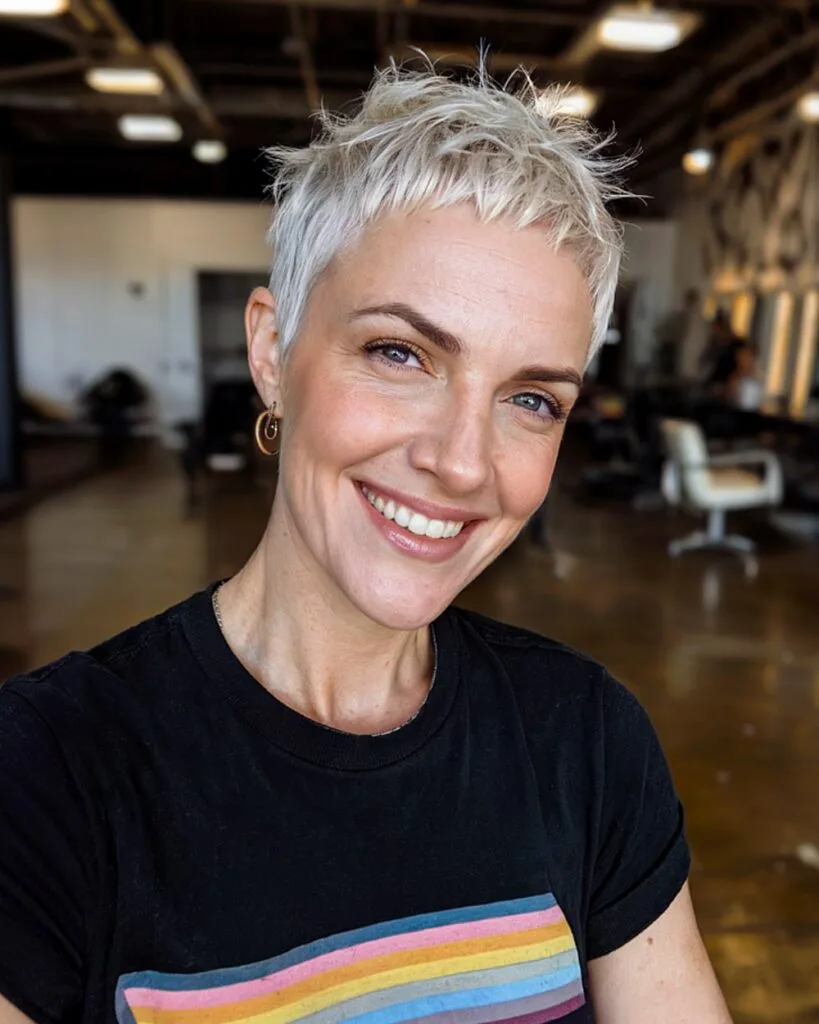 Super short textured pixie cut with choppy bangs for women over 40 with fine or thinning hair