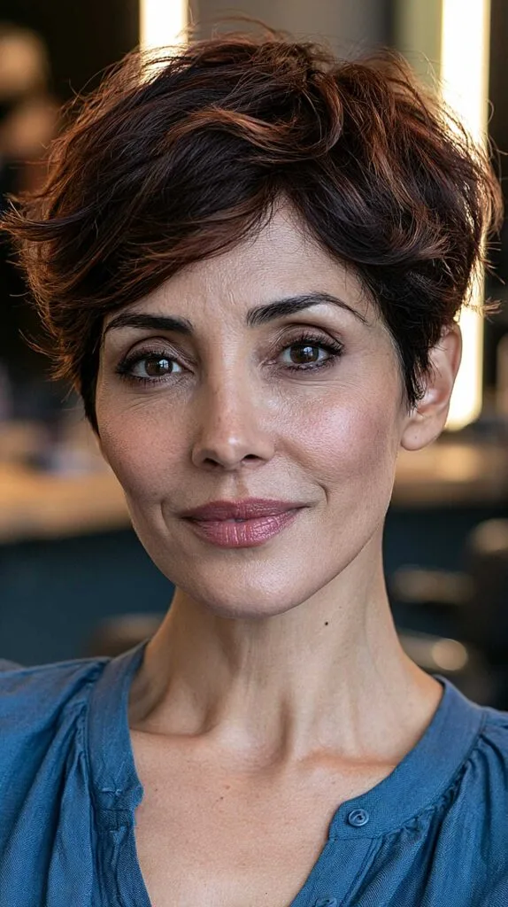 Swept-Back Chestnut Pixie with Soft Auburn Highlights