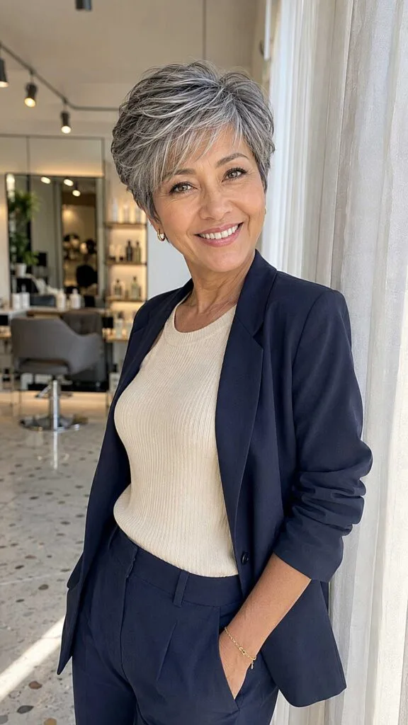 Swept-Back Textured Gray Pixie with Dark Roots
