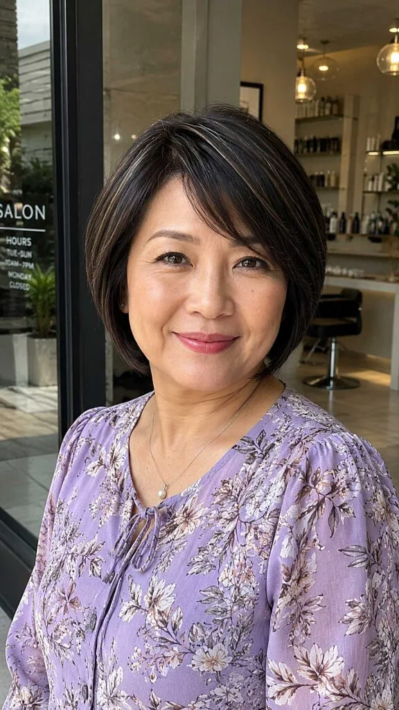 Tapered Dark Bob with Wispy Side-Swept Fringe