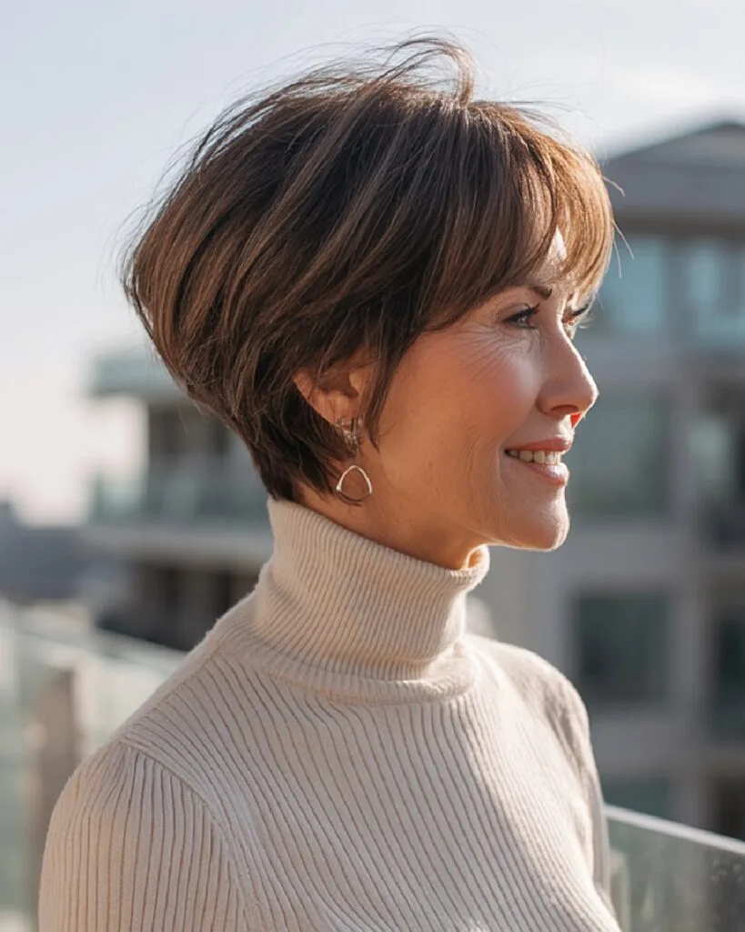 Tapered short bob for fine hair over 60 with brunette balayage and stacked layers for shape and fullness