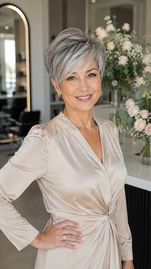 Tapered Silver Pixie with Long Swept Fringe
