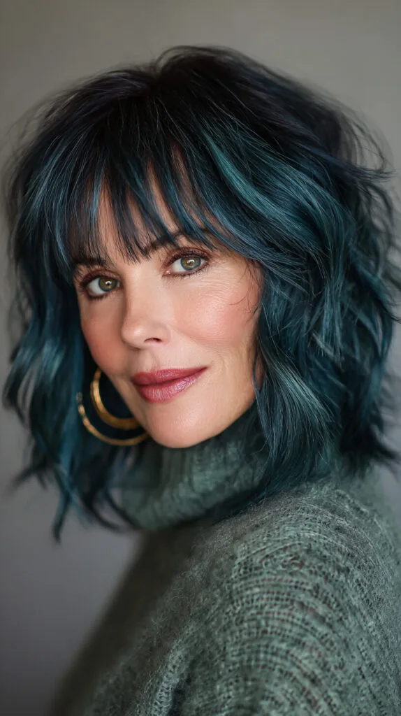 Teal-Shadow Textured Lob with Feathered Curtain Bangs