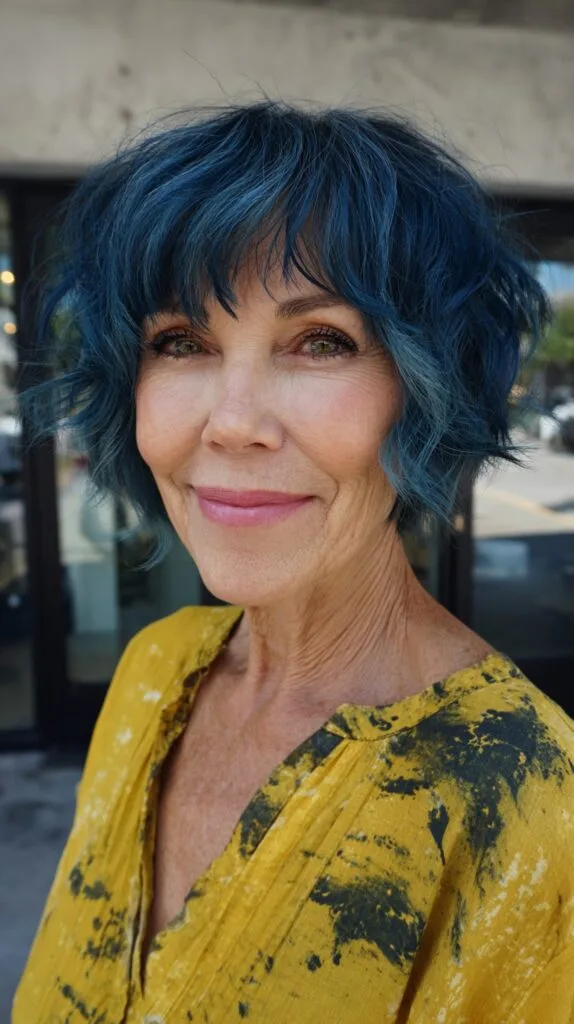 Teal Textured Chin-Length Shag with Wispy Fringe