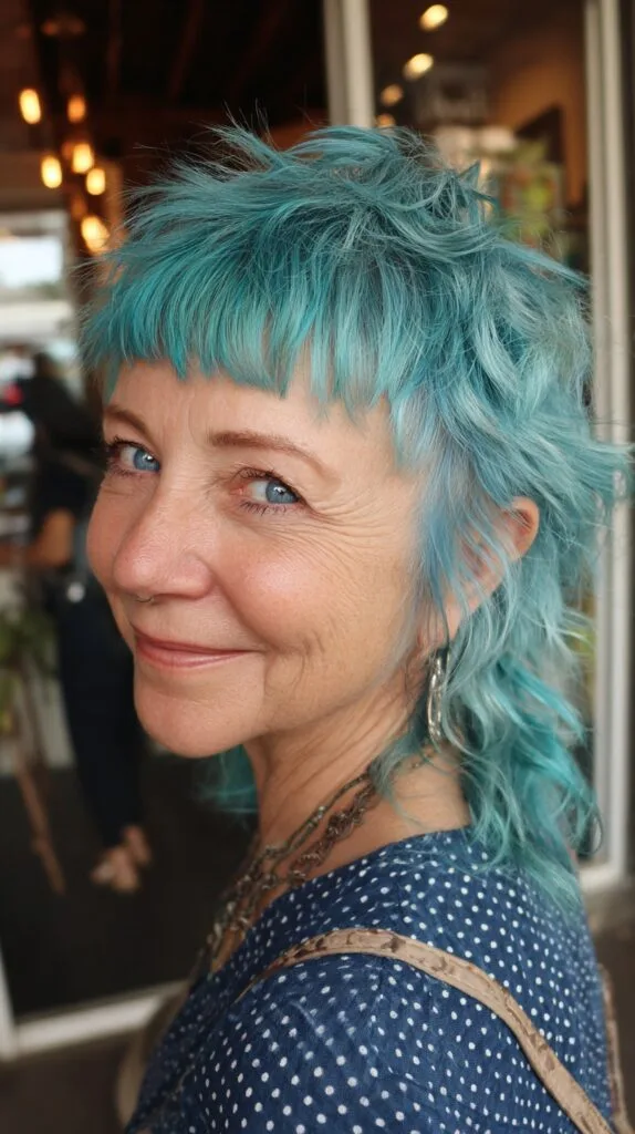 Teal Textured Mullet with Choppy Micro-Bangs