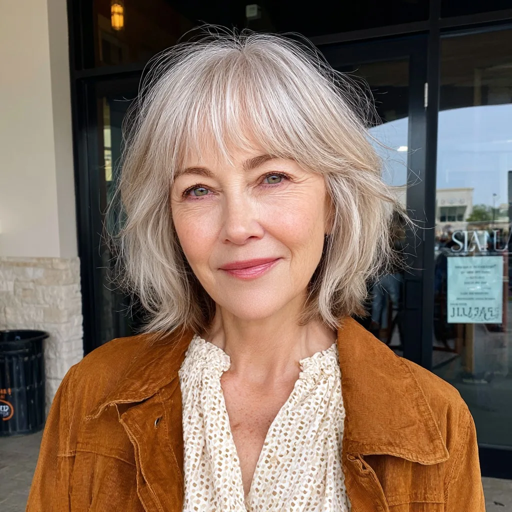 Textured Ash Blonde Lob with Soft Curtain Bangs
