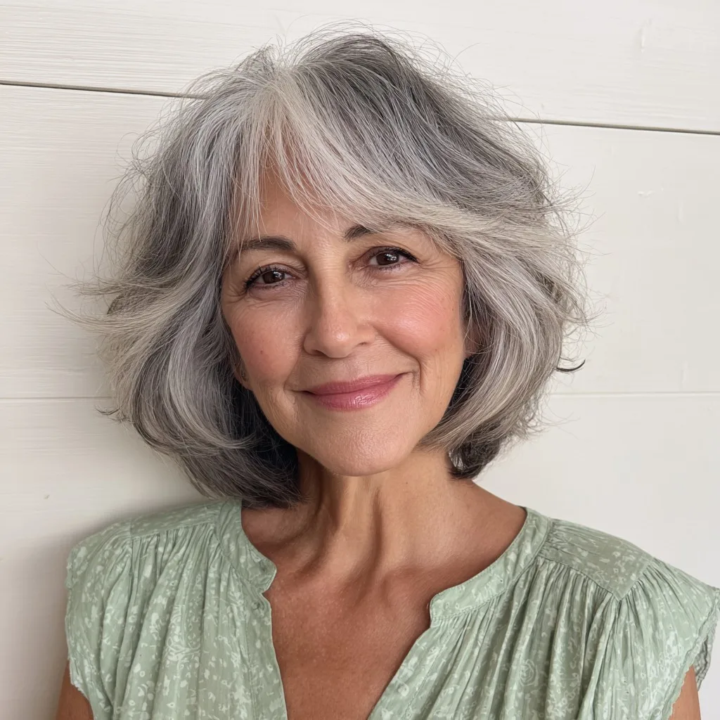 Textured Ashy Lob with Soft Curtain Bangs