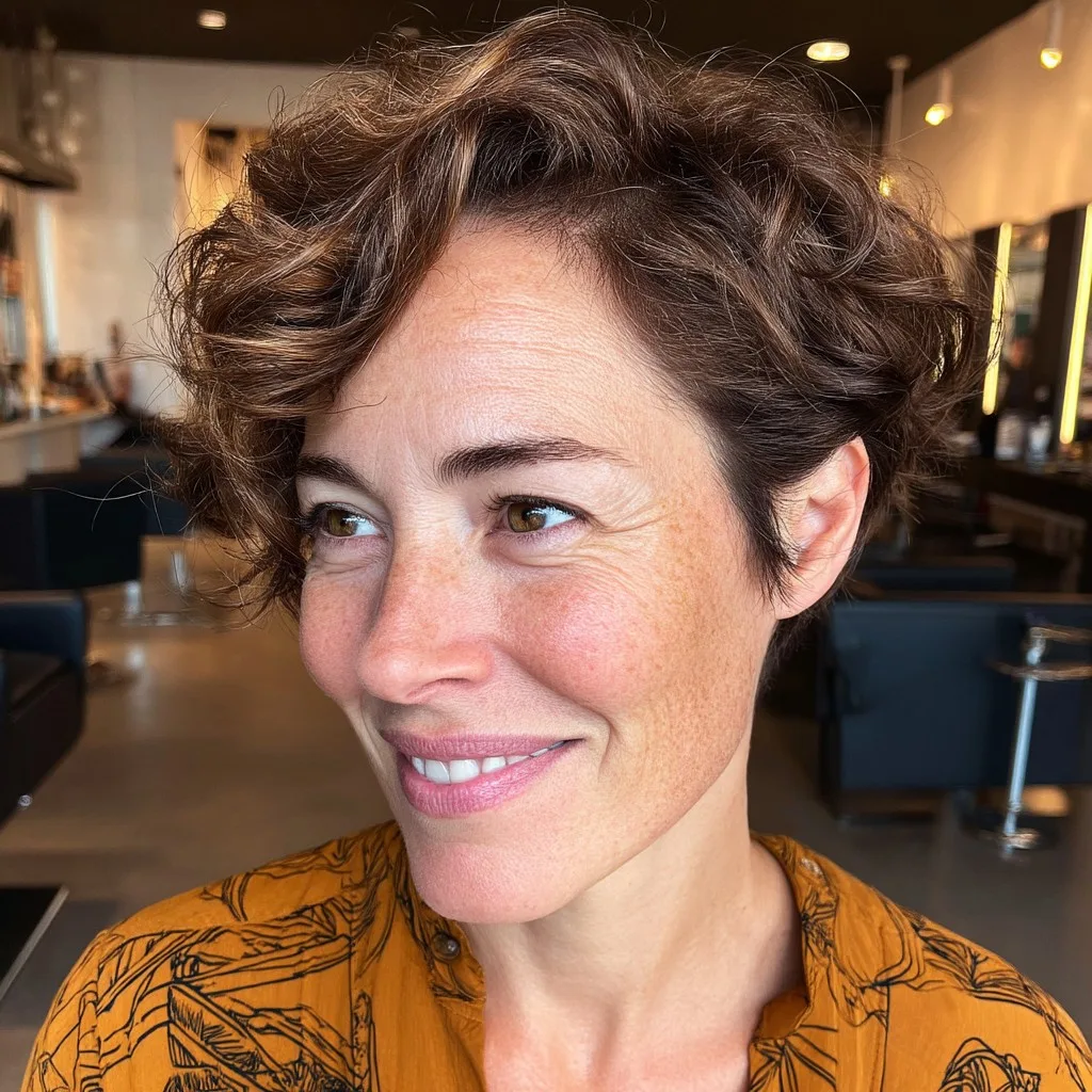Textured Asymmetrical Curly Pixie with Soft Volume