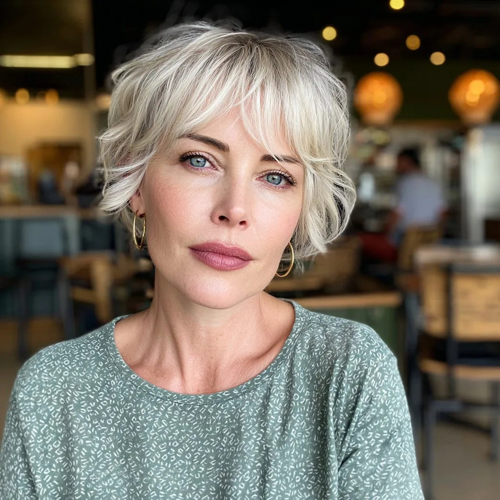 Textured Blonde Pixie Cut with Wispy Bangs