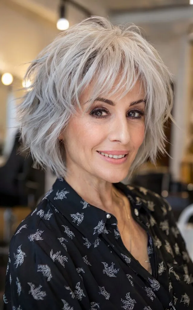 textured bob hairstyle for women over 50 with silver hair