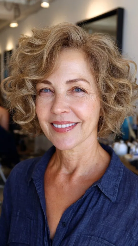 Textured Bronde Curly Jaw-Length Bob with Lifted Crown