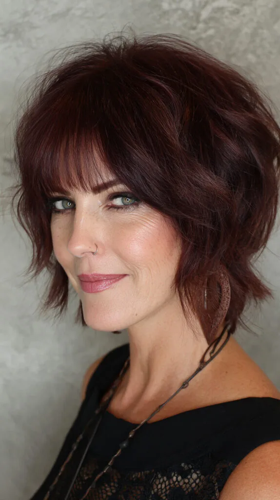 Textured Burgundy Stacked Bob with Soft Curtain Bangs