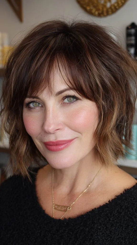 Textured Chestnut Bob with Windswept Bangs