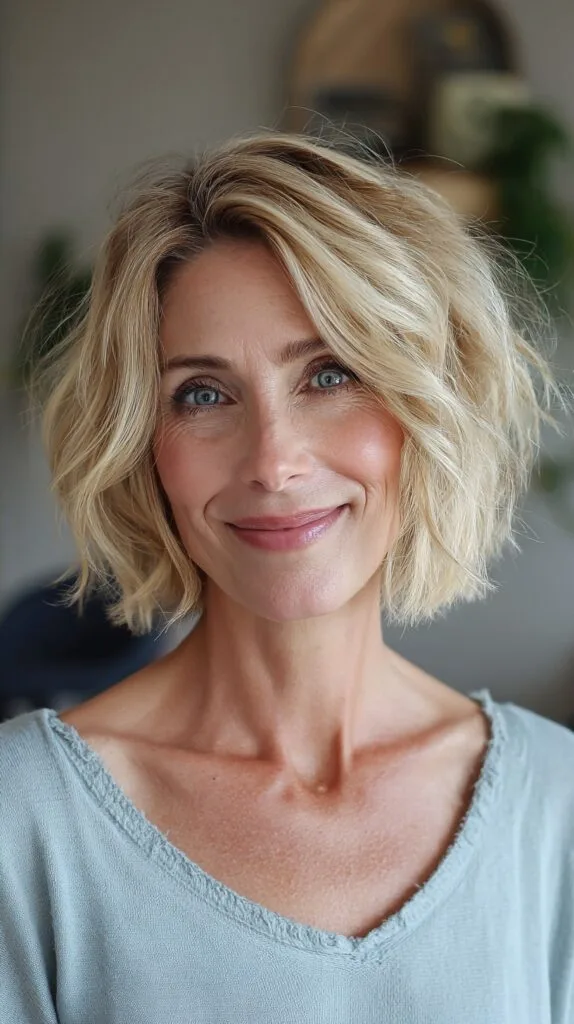Textured Chin-Length Blonde Bob with Deep Side Part and Face-Framing Layers