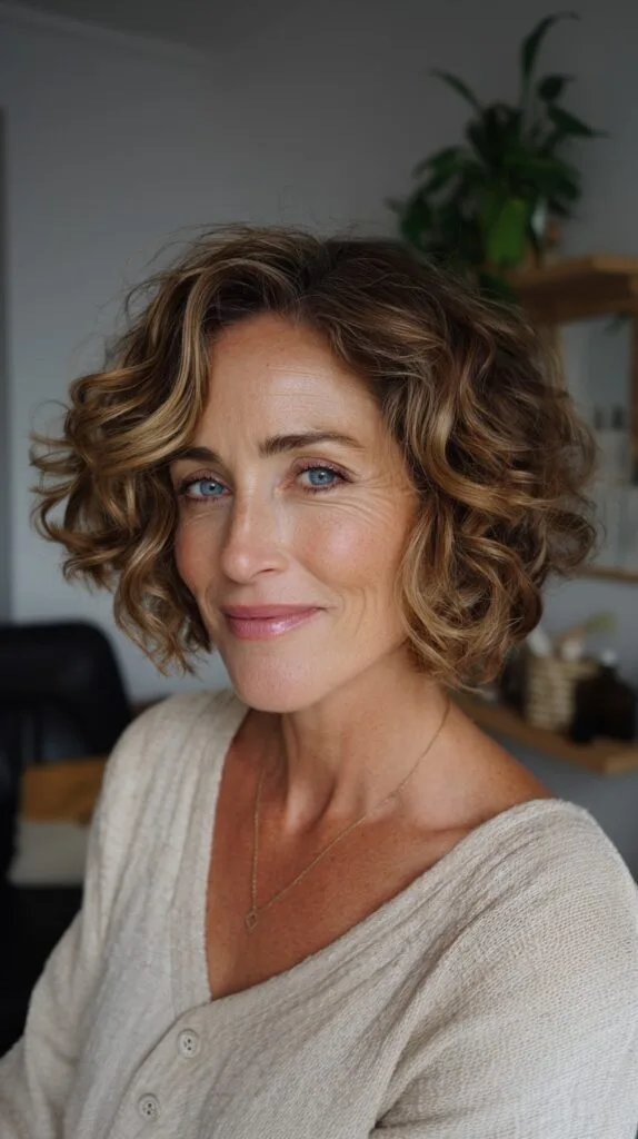 Textured Chin-Length Curly Bob with Warm Bronde Balayage and Root-Smudge