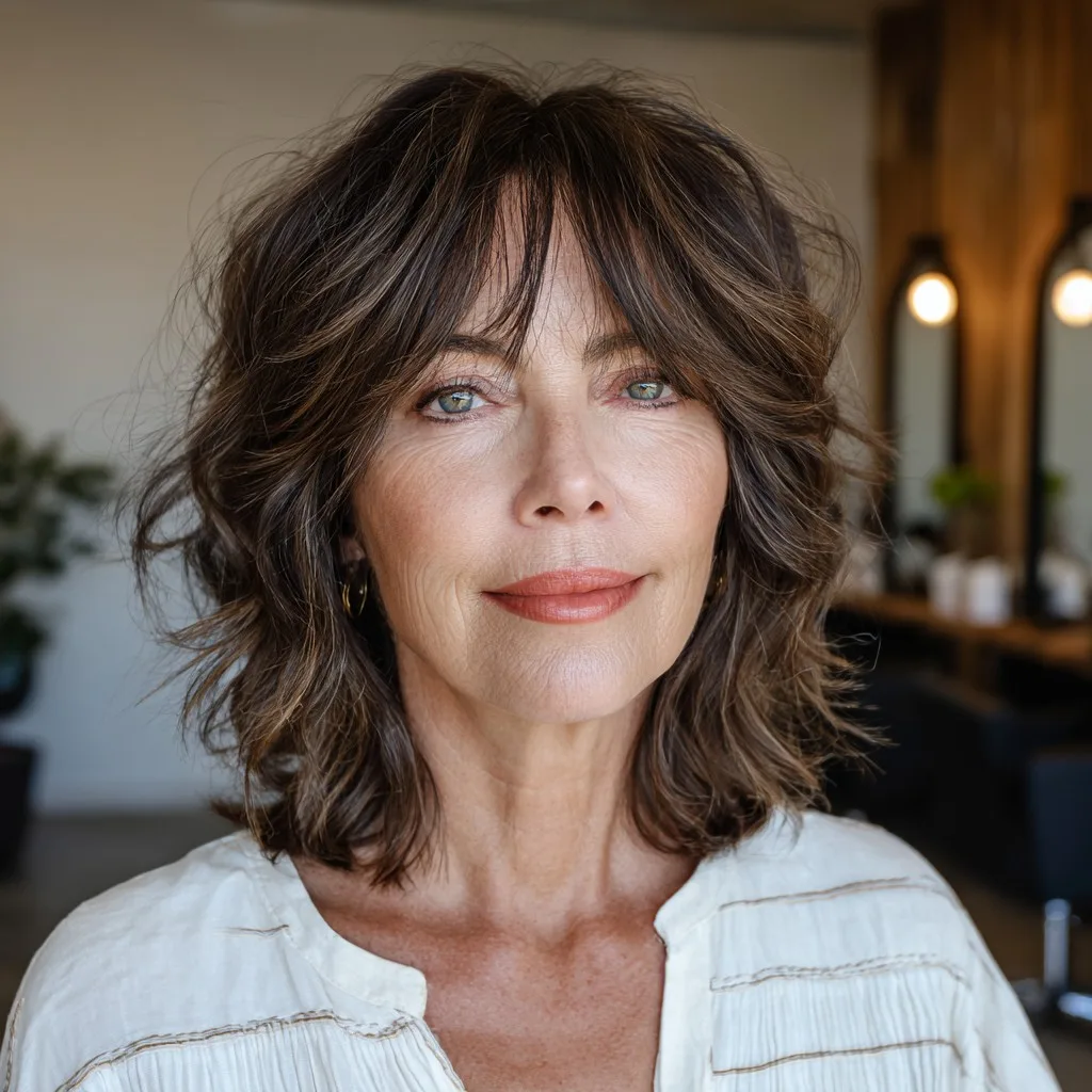 Textured Chocolate Lob with Curtain Bangs