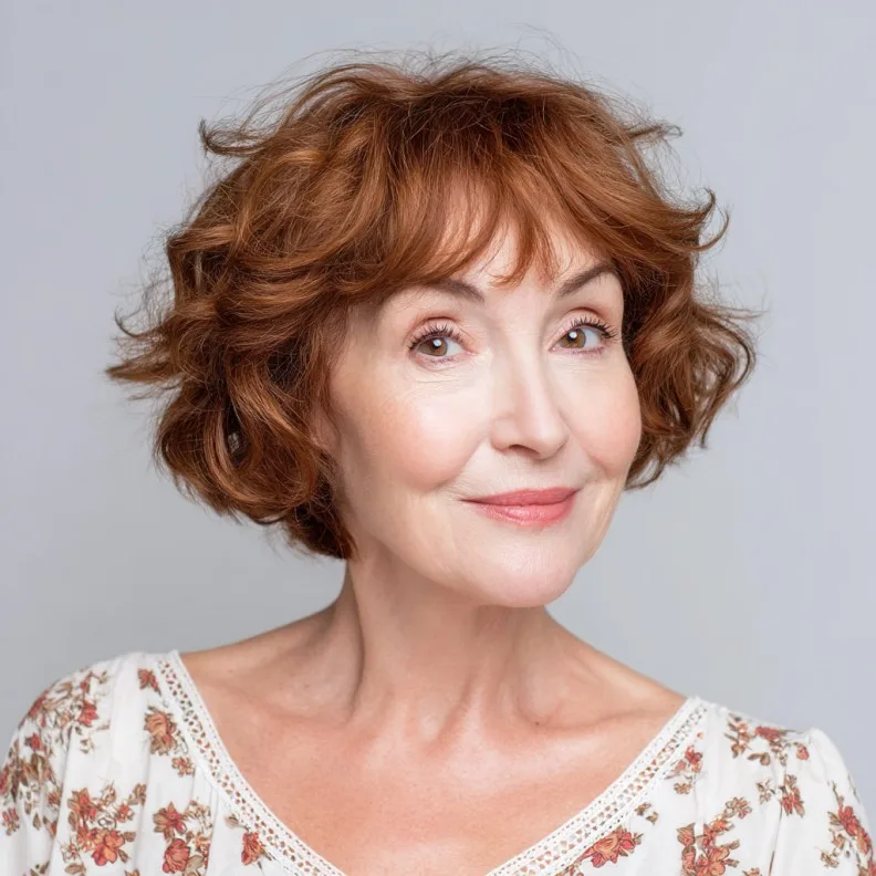 Textured Cinnamon Brown Curly Bob with Soft Layers