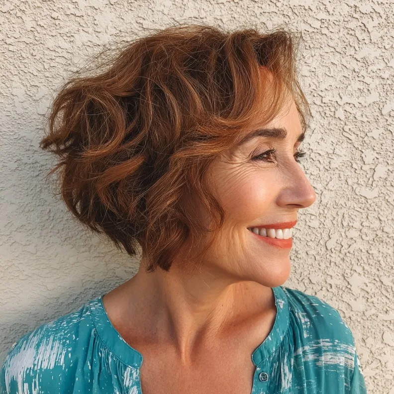 Textured Cinnamon Brown Curly Bob with Soft Movement