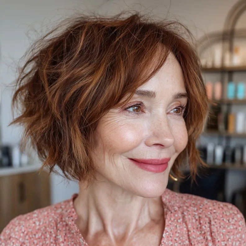 Textured Cinnamon Brown Shaggy Bob with Soft Waves