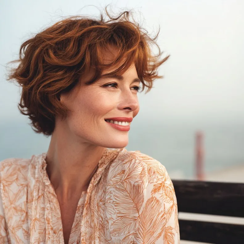 Textured Cinnamon Brown Short Bob with Soft Waves
