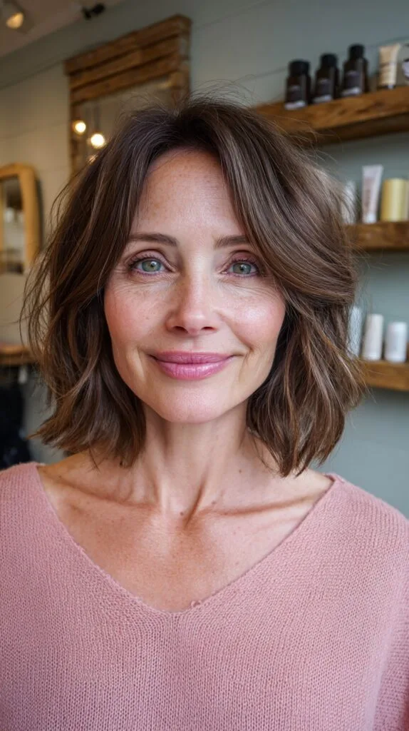 Textured Collarbone Bob with Feathered Curtain Fringe