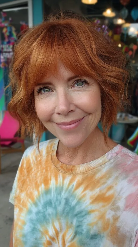 Textured Copper Chin-Length Bob with Feathered Fringe