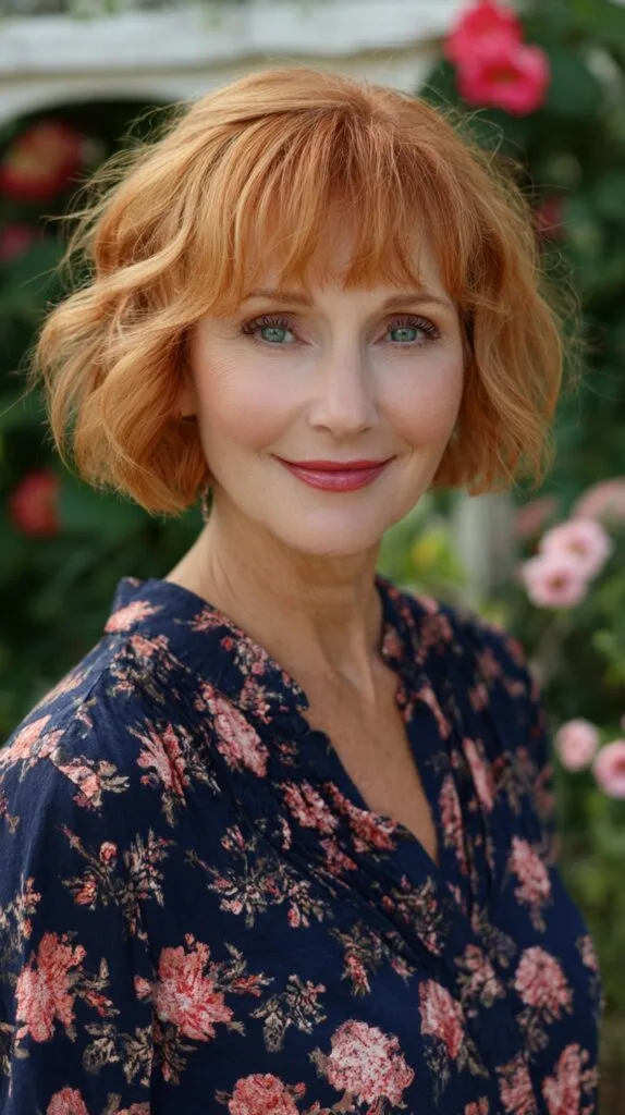 Textured Copper Chin-Length Wash-and-Go Bob with Feathered Micro Fringe