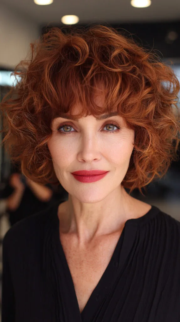 Textured Copper Curly Chin-Length Bob with Wispy Micro Fringe