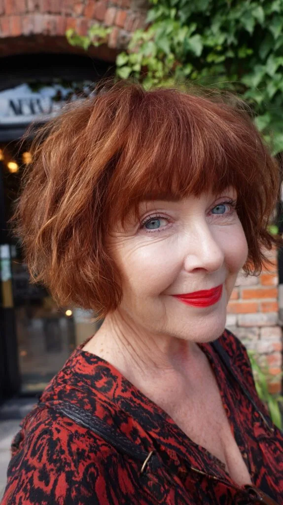 Textured Copper-Sienna Shaggy Chin-Length Bob with Blunt Micro Fringe