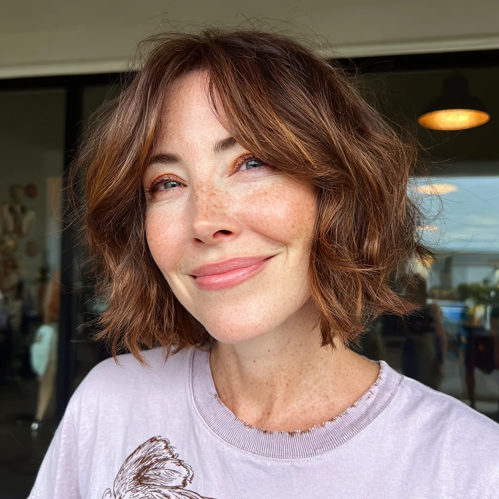 Textured Curly Curtain Bob with Subtle Highlights