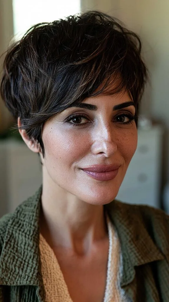 Textured Dark Pixie with Feathered Side-Swept Fringe