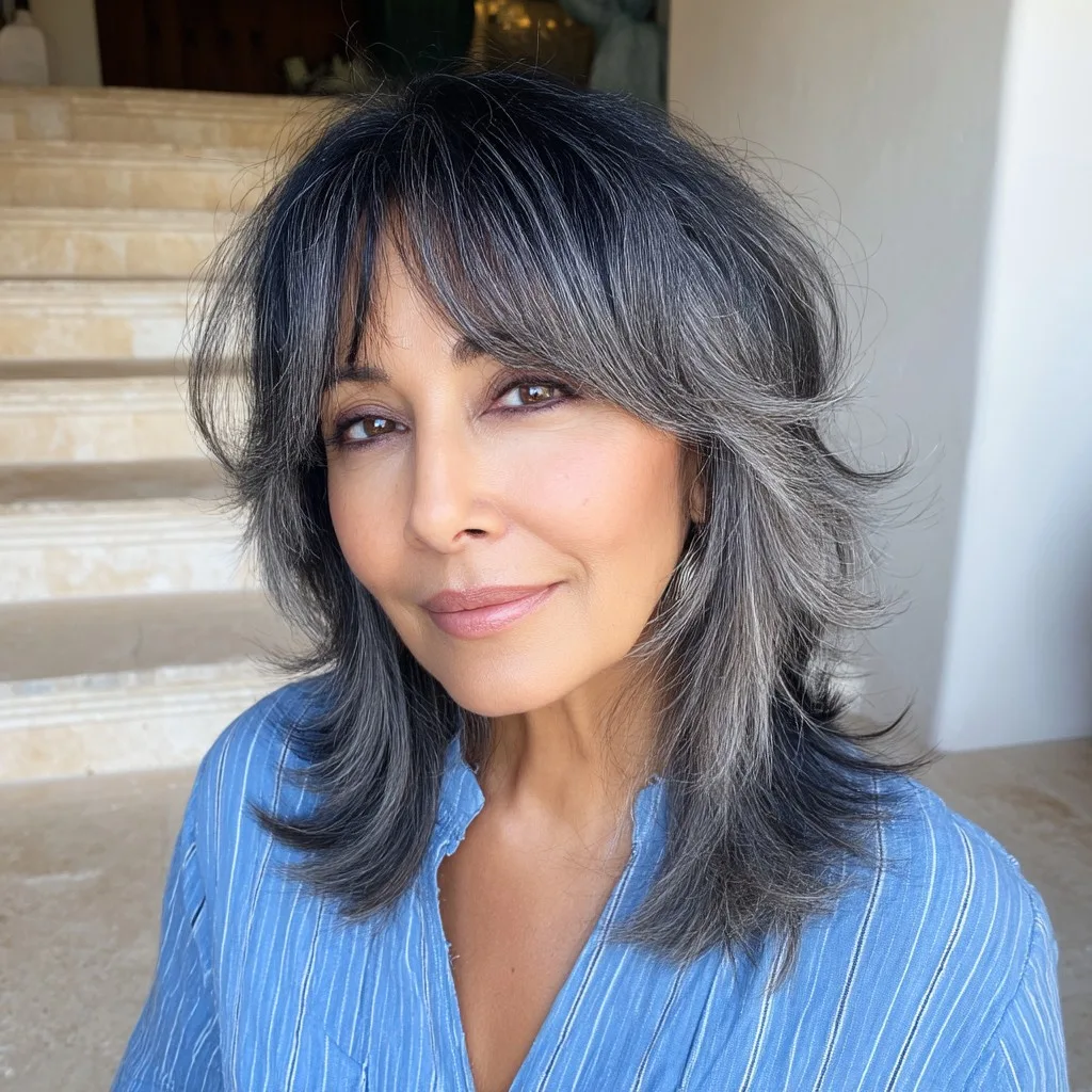 Textured Feathered Bangs with Layered Long Bob