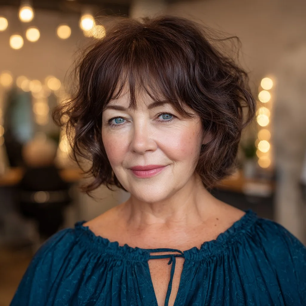 Textured Feathered Bangs with Soft Curly Bob