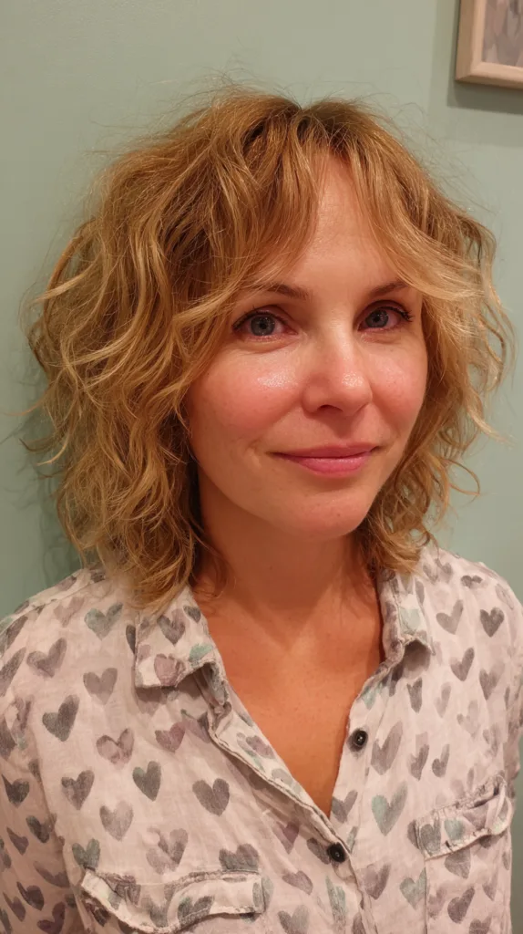 Textured Golden Curly Layers with Soft Face Framing