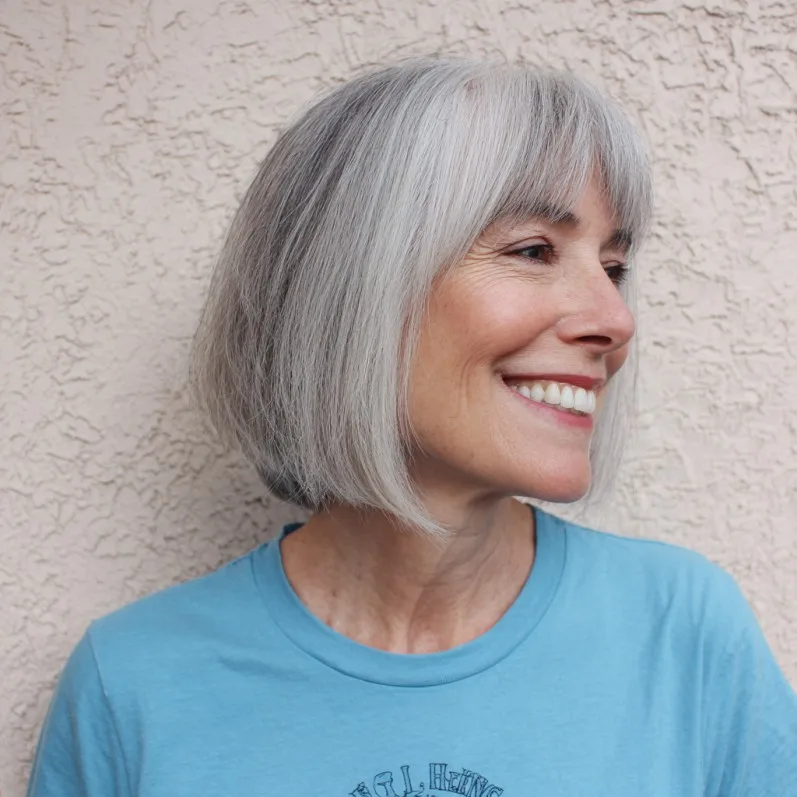 Textured Gray Bob with Soft Blunt Bangs