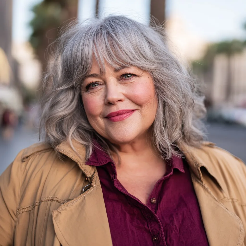 Textured Gray Lob with Soft Curtain Bangs