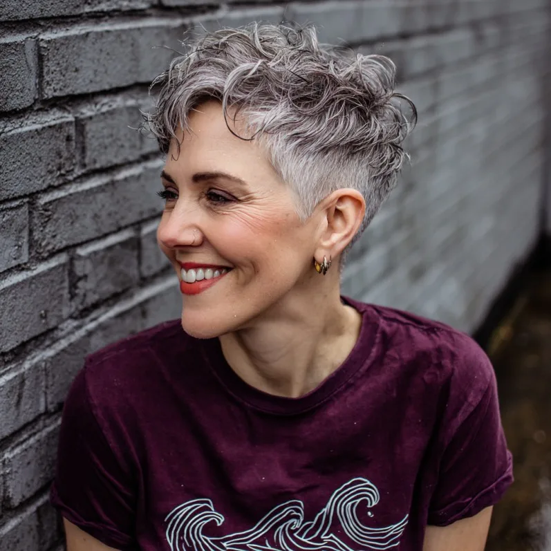 Textured Grey Pixie with Defined Curls
