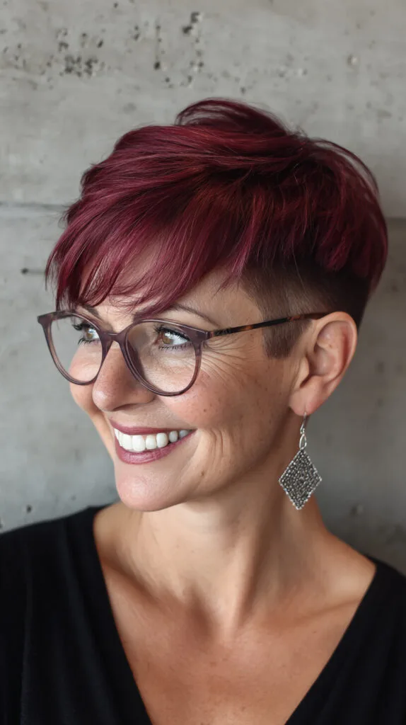 Textured Magenta Pixie with Barbered Taper and Wispy Side-Swept Fringe