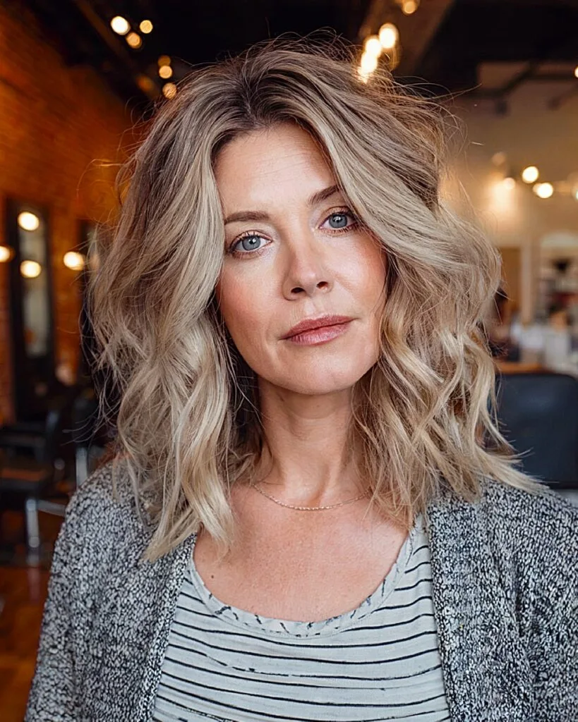 Textured mid-length hairstyle with choppy ends and cool blonde balayage for women over 40