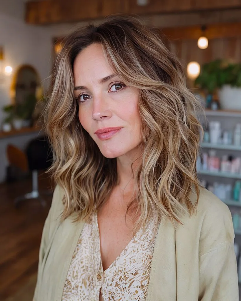 Textured mid-length waves for women over 40 with dimensional balayage and tousled layers
