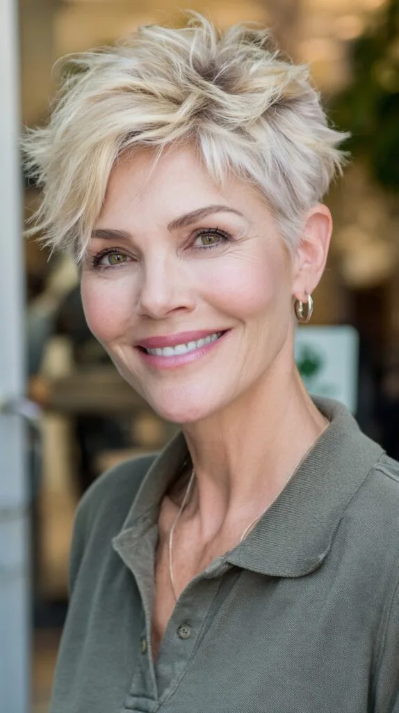 Textured Platinum Pixie with Feathered Crown and Tapered Sides