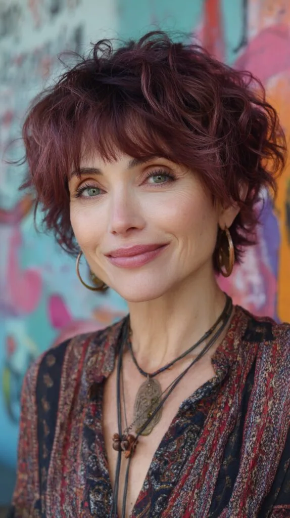 Textured Plum Shaggy Short Bob with Soft Micro Bangs