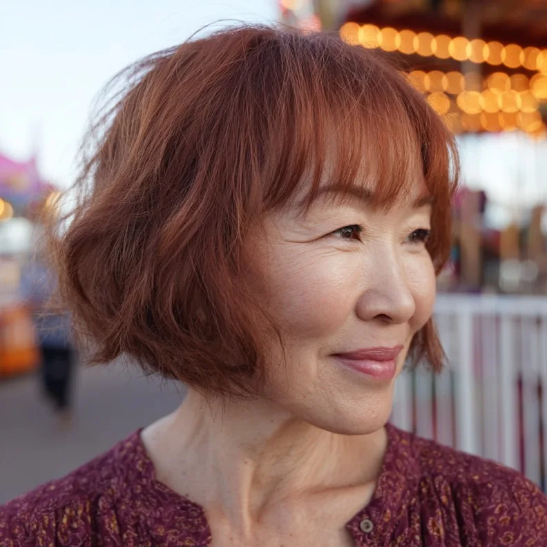 Textured Red Bob with Soft Bangs for Ageless Style