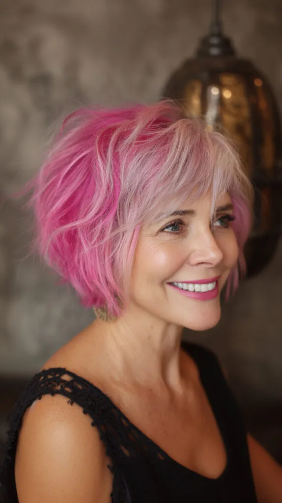 Textured Rose-Pink Stacked Bob with Soft Side Fringe